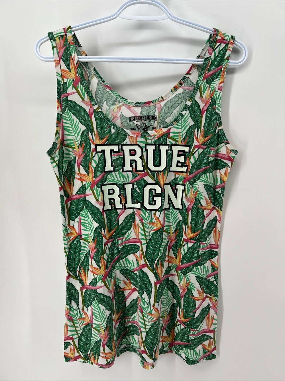 True Religion Women’s Medium Birds of Paradise Green Leaf Print Graphic Tank
